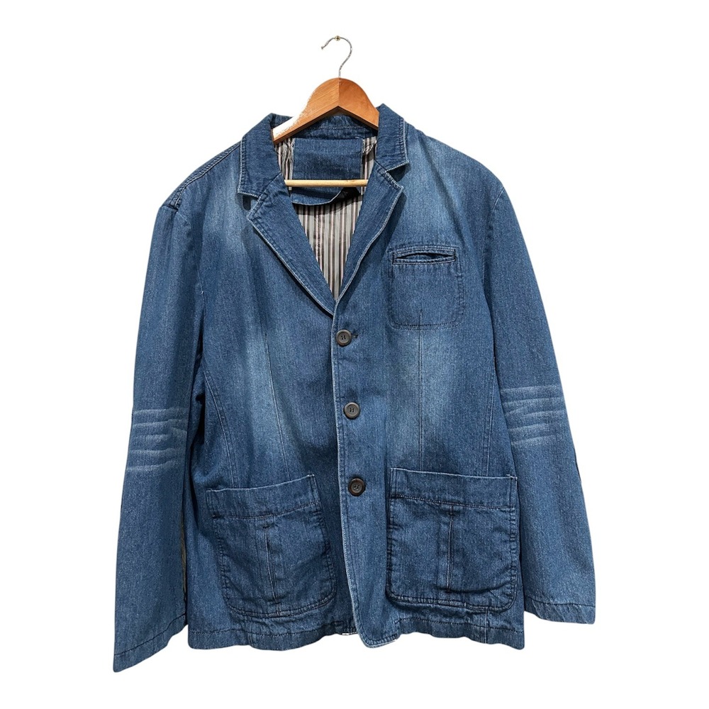Blue Denim Blazer Jacket Medium Wash Three Button Workwear Utility Coat